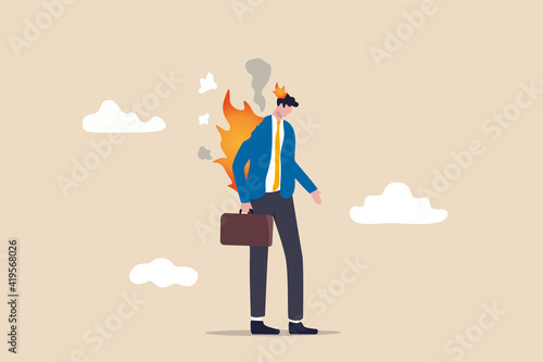 Employee burn out, exhausted from overworked or overload task, mental problem or stressful from too much workload concept, depressed businessman office worker with fire burn on his head and suit.