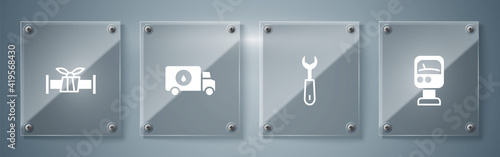 Set Pressure water meter, Wrench spanner, Plumber service car and Industry metallic pipe. Square glass panels. Vector.