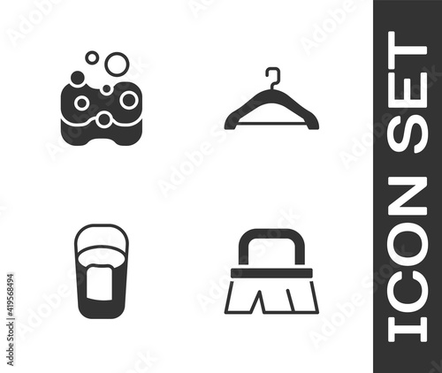 Set Brush for cleaning, Sponge, Bucket with rag and Hanger wardrobe icon. Vector.