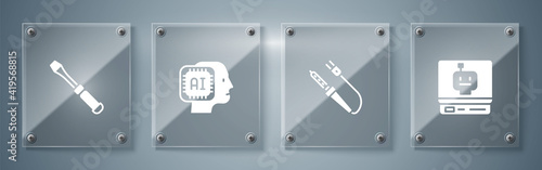 Set Robot, Soldering iron, Humanoid robot and Screwdriver. Square glass panels. Vector.