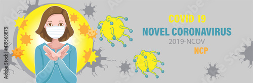 woman gag with worry gesture. 
Prevent Novel Coronavirus. 2019-nCoV. Virus Covid 19-NCP. Coronavirus nCoV. Corona virus mutation. Novel Coronavirus or virus cells. Horizontal banner for website.