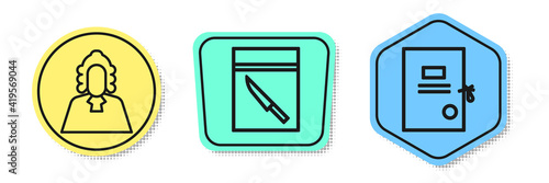 Set line Judge, Evidence bag and knife and Lawsuit paper. Colored shapes. Vector.