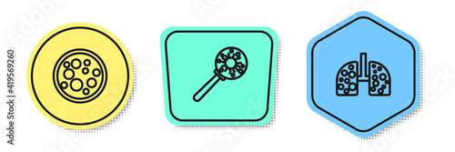 Set line Virus, under magnifying glass and cells lung. Colored shapes. Vector.