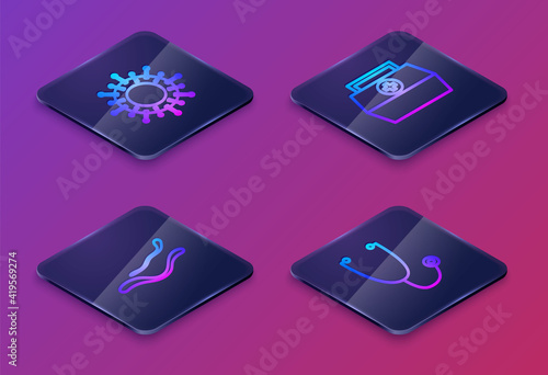 Set Isometric line Virus, Ebola virus disease, First aid kit and Stethoscope. Blue square button. Vector.