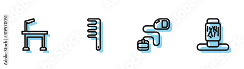 Set line Retractable cord leash, Pet grooming, Hair brush for dog and cat and Cat scratching post icon. Vector.