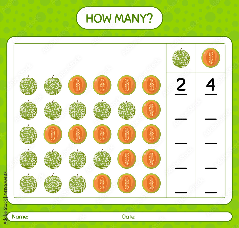 How many counting game with cantaloupe worksheet for preschool kids, kids activity sheet, printable worksheet