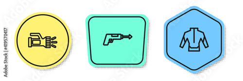 Set line Flashlight, Fishing harpoon and Wetsuit. Colored shapes. Vector.