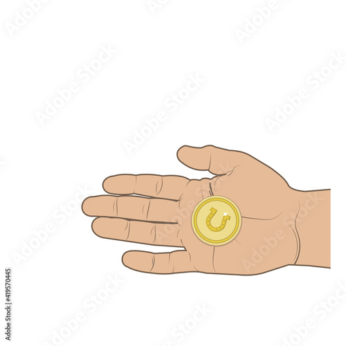 Lucky coin with a horseshoe in the hand of a man, color vector