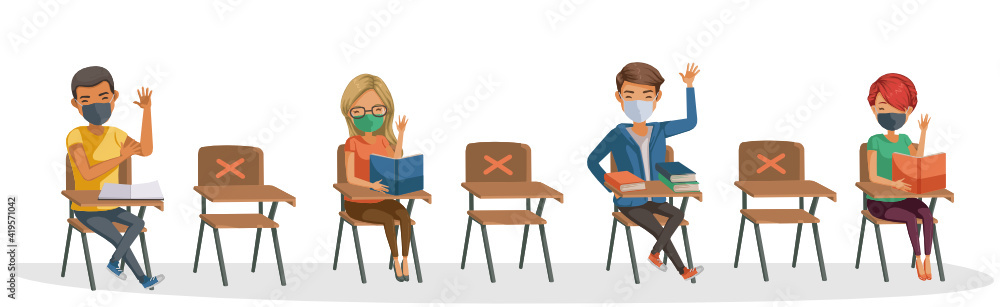 Fototapeta premium Students mask with friend in classroom studying. Social distance group of multiethnic diverse hands raised. Social distance and New Normal or New Norm. Illustrations about COVID-19