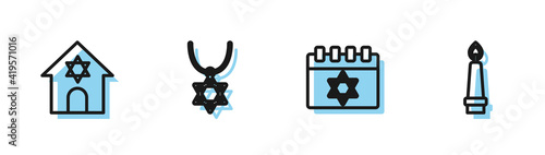 Set line Jewish calendar, synagogue, Star of David necklace on chain and Burning candle icon. Vector.
