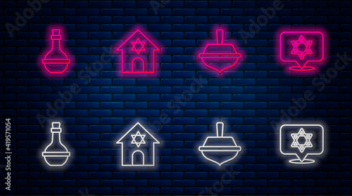 Set line Jewish synagogue, Hanukkah dreidel, wine bottle and Star of David. Glowing neon icon on brick wall. Vector.