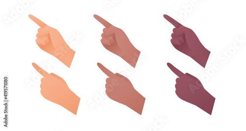 Hand gesture icon collection. Vector flat multiracial llustration set. Caucasian, african american and indian ethnic. Index finger point and touch sign. Pointing symbol. Design element for web.