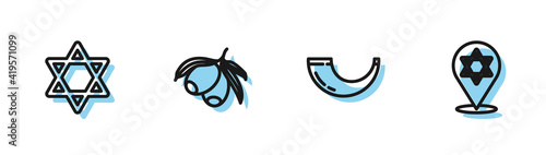 Set line Traditional ram horn, shofar, Star David, Olives branch and icon. Vector.