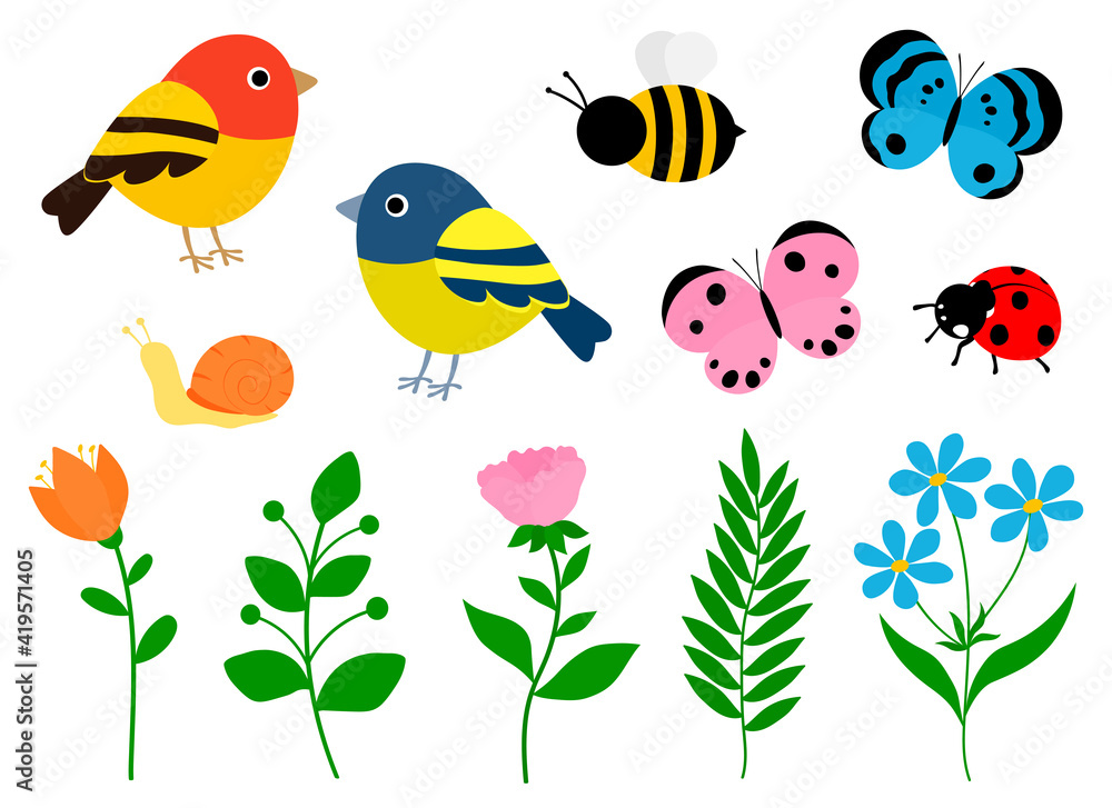 Set spring flowers birds insects vector illustration Set spring flowers birds insects vector illustration