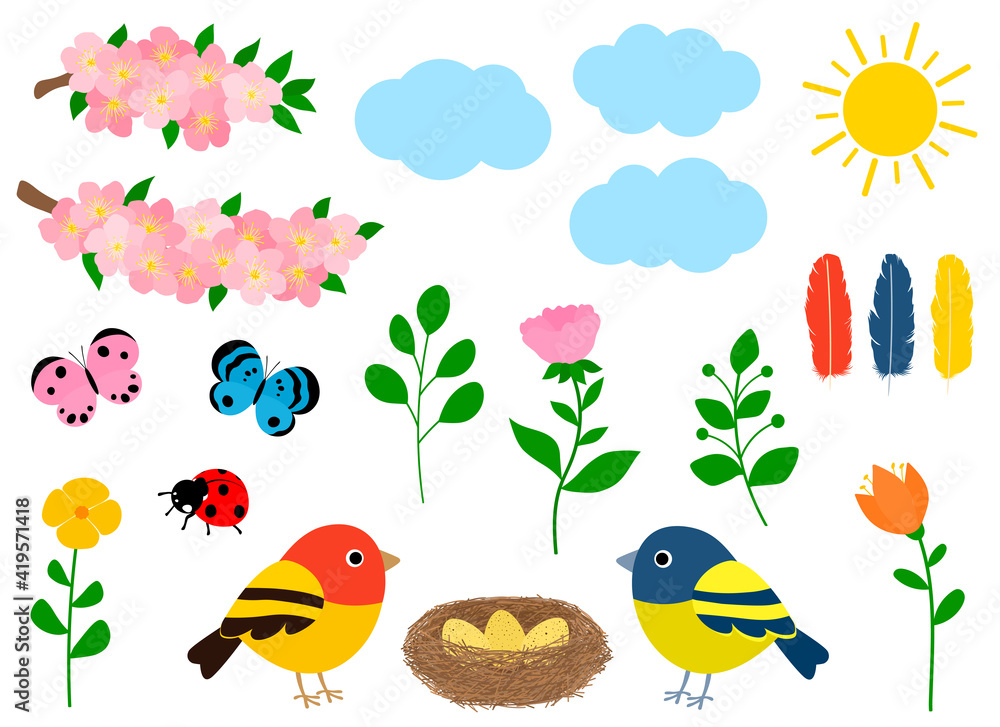 Obraz premium Set spring vector illustration. Flowers birds nest insects clouds sun