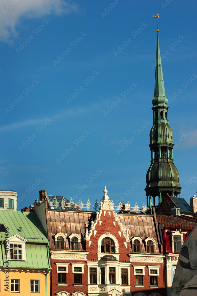 Spire of St. Peter's church in Riga Old Town, Latvia. Originally built in 13th century, for a long time it was the tallest building in town.