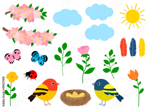 Set spring vector illustration. Flowers birds nest insects clouds sun © Ирина Шишкова