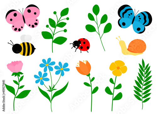 Set spring flowers insects vector illustration