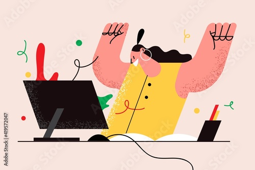 Success in work, winning online, technology concept