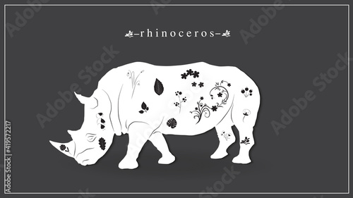 Vector illustration of white rhinoceros with flowers and plants. EPS 10.