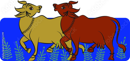 Holy cow in Kalamkari Indian traditional folk art on linen fabrics. It can be used for a coloring book  textile  fabric prints  phone case  greeting card. logo  calendar