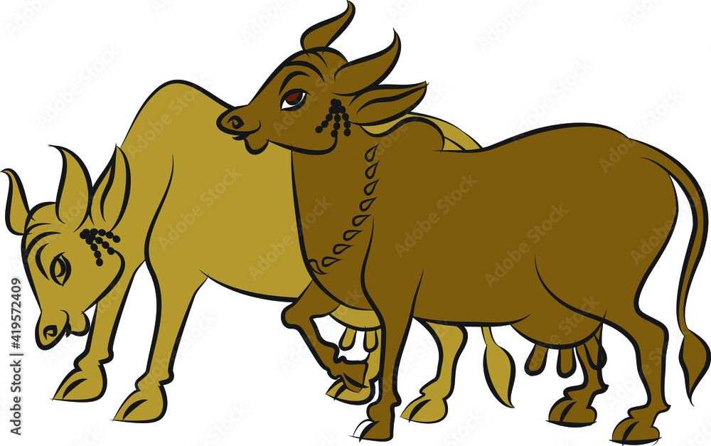 Fototapeta premium Holy cow in Kalamkari Indian traditional folk art on linen fabrics. It can be used for a coloring book, textile/ fabric prints, phone case, greeting card. logo, calendar