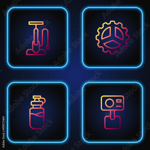 Set line Action extreme camera, Sport bottle with water, Bicycle air pump and sprocket crank. Gradient color icons. Vector.