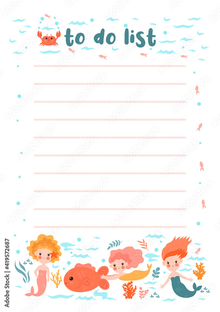 To-do list with mermaids and sea animals. Vector graphics.