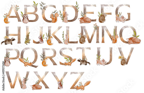 Watercolor alphabet with forest animals and floral