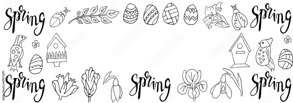 horizontal frame with spring botanical elements in vector. Elements of floral design in the style of Doodle sketch.  birds, birdhouses, beetles Easter eggs. For invitations, cards, designs for Easter.