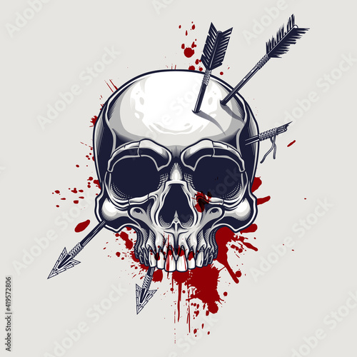 Jolly Roger skull pierced by arrows poster design. Vector illustration of human skull with arrows and red ink splash in engraving technique.