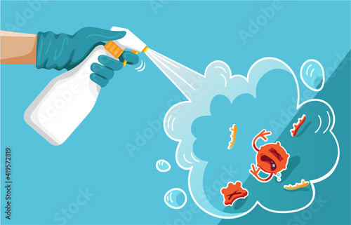 Antiseptic spray. Hands holding bottle of antiseptic spray antibacterial. Gloves of hands coronavirus protection and bacterial. Concept illustration for landing page coronavirus protection.