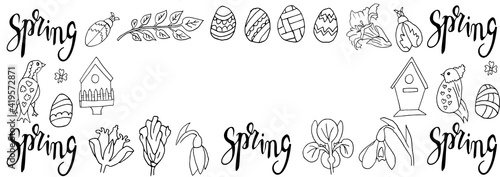 horizontal frame with spring botanical elements in vector. Elements of floral design in the style of Doodle sketch. birds, birdhouses, beetles Easter eggs. For invitations, cards, designs for Easter.