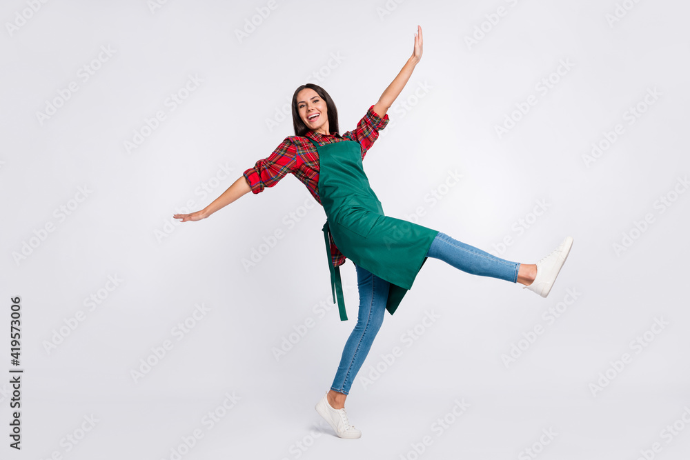 Fototapeta premium Full size profile side photo of crazy happy young woman good mood raise hands wings isolated on grey color background