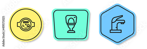 Set line Water meter, Toilet bowl and tap. Colored shapes. Vector.