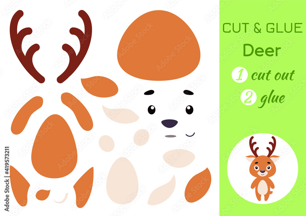 Cut and glue paper little deer. Kids crafts activity page. Educational game for preschool children. DIY worksheet. Kids art game and activities jigsaw. Vector stock illustration.
