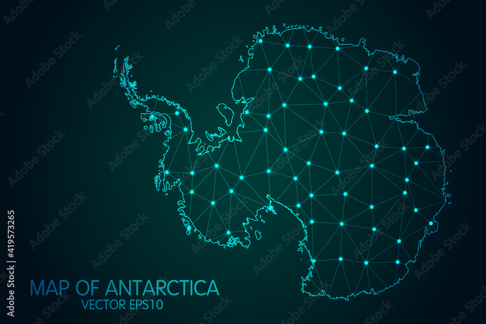 Map of Antarctica - With glowing point and lines scales on the dark gradient background, 3D mesh polygonal network connections.Vector illustration eps 10.