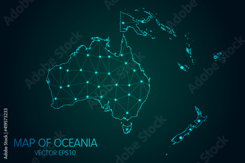 Map of Oceania - With glowing point and lines scales on the dark gradient background, 3D mesh polygonal network connections.Vector illustration eps 10. photo