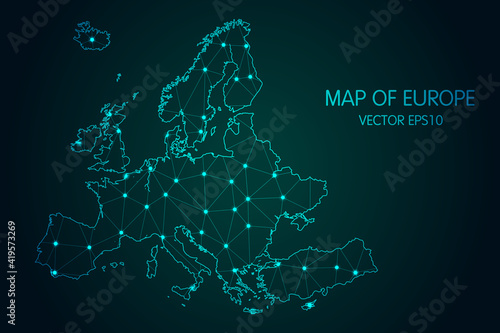 Map of Europe - With glowing point and lines scales on The dark gradient background, 3D mesh polygonal network connections.Vector illustration Eps 10.