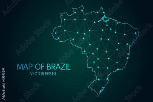 Map of Brazil - With glowing point and lines scales on the dark gradient background, 3D mesh polygonal network connections.Vector illustration eps 10.