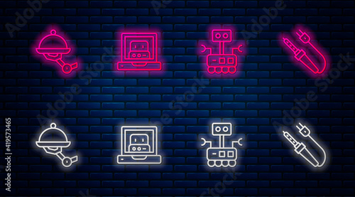 Set line Creating robot, Robot, Waiter and Soldering iron. Glowing neon icon on brick wall. Vector.