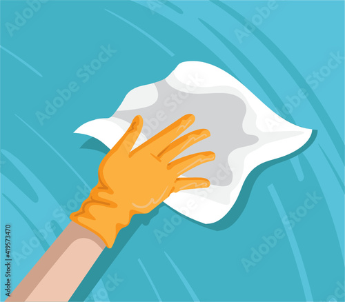 Prevention coronavirus COVID-19 concept vector illustration. Surface cleaning with Spraying antibacterial sanitizing spray. Cleaner in the hand medical gloves. surface cleaning 