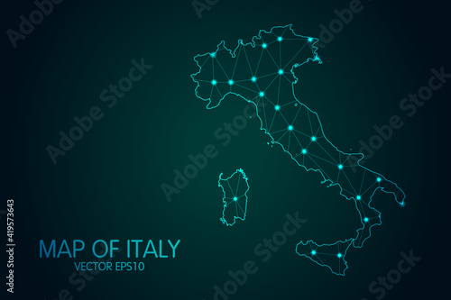 Map of Italy - With glowing point and lines scales on the dark gradient background, 3D mesh polygonal network connections.Vector illustration eps 10.