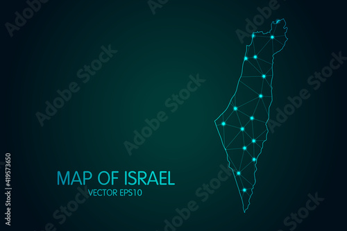 Map of Israel - With glowing point and lines scales on the dark gradient background, 3D mesh polygonal network connections.Vector illustration eps10.
