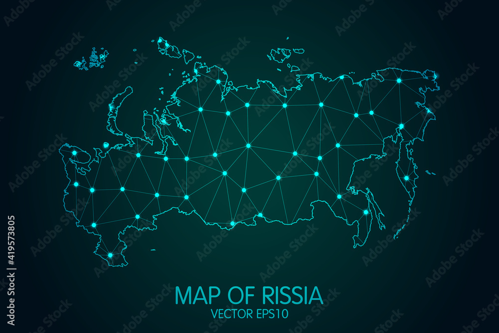 Map of Russia - With glowing point and lines scales on the dark gradient background, 3D mesh polygonal network connections.Vector illustration eps 10. Map of Russia - With glowing point and lines scales on the dark gradient background, 3D mesh polygonal network connections.Vector illustration eps 10.