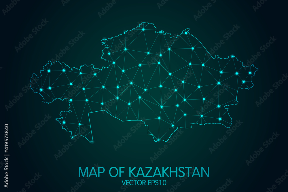 Map of Kazakhstan - With glowing point and lines scales on The dark gradient background, 3D mesh polygonal network connections.Vector illustration Eps 10. Map of Kazakhstan - With glowing point and lines scales on The dark gradient background, 3D mesh polygonal network connections.Vector illustration Eps 10.