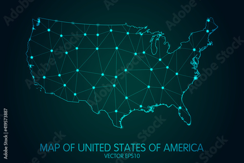 Map of United States of America - With glowing point and lines scales on the dark gradient background, 3D mesh polygonal network connections.Vector illustration eps10.