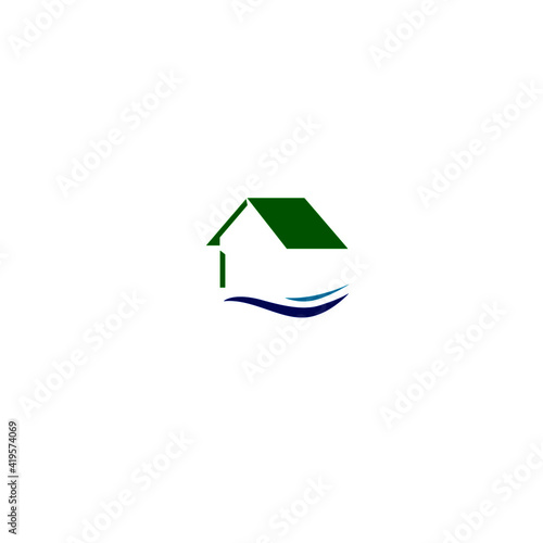 Lakeside Home Roof green with Blue lake Sign, Symbol, Logo, river isolated on white