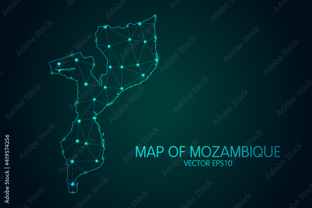 Map of Mozambique - With glowing point and lines scales on the dark gradient background, 3D mesh polygonal network connections.Vector illustration eps 10. Map of Mozambique - With glowing point and lines scales on the dark gradient background, 3D mesh polygonal network connections.Vector illustration eps 10.