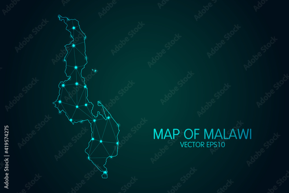 Map of Malawi - With glowing point and lines scales on the dark gradient background, 3D mesh polygonal network connections.Vector illustration eps 10. Map of Malawi - With glowing point and lines scales on the dark gradient background, 3D mesh polygonal network connections.Vector illustration eps 10.